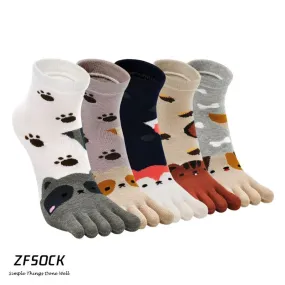 ZFSOCK Cotton 5 Finger Cute Animal Design Crew Socks for Kids Boys, 5 Pairs
