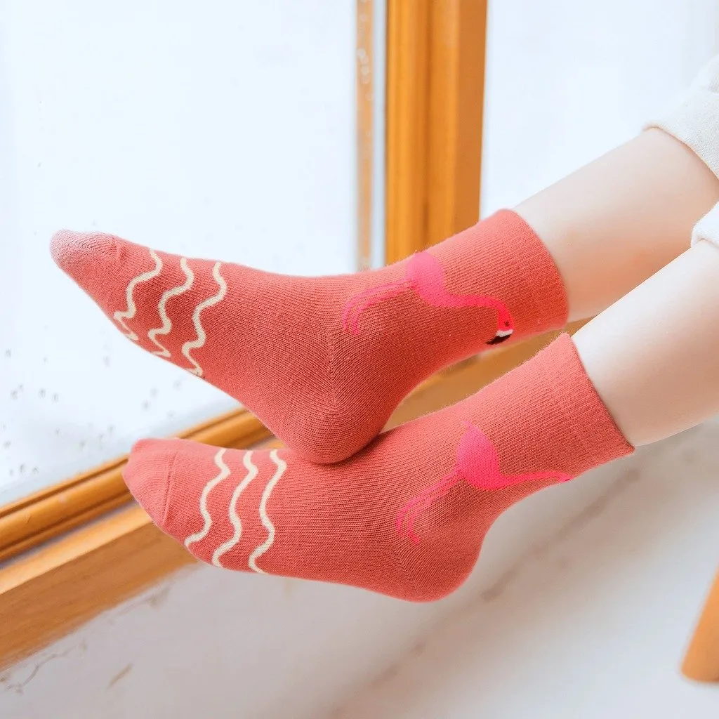 ZFSOCK Cute Flamingo Design Socks For Girls, 5 Pairs